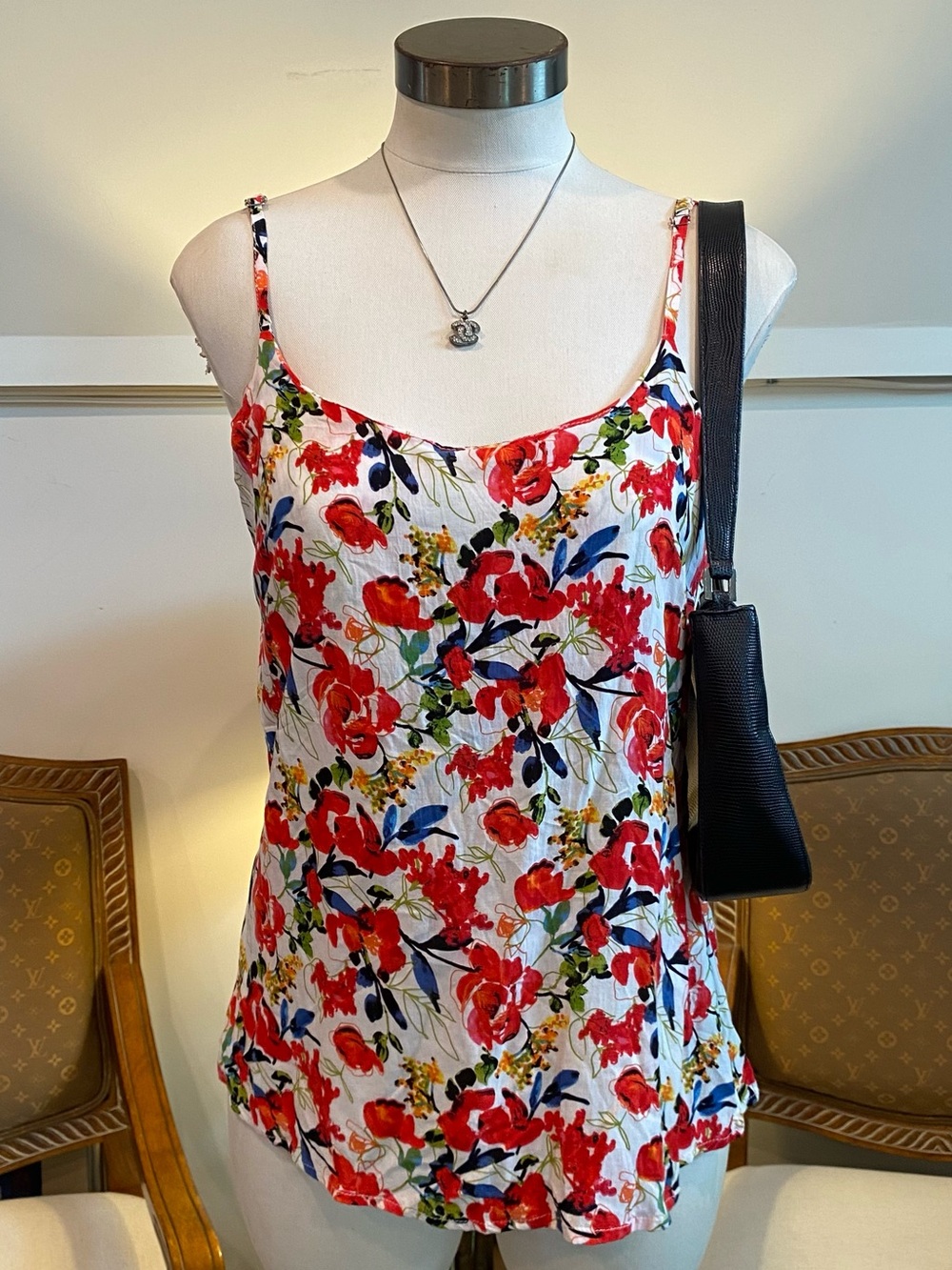 Red Floral Silk Camisole Tank Top, Made in Italy, Size M